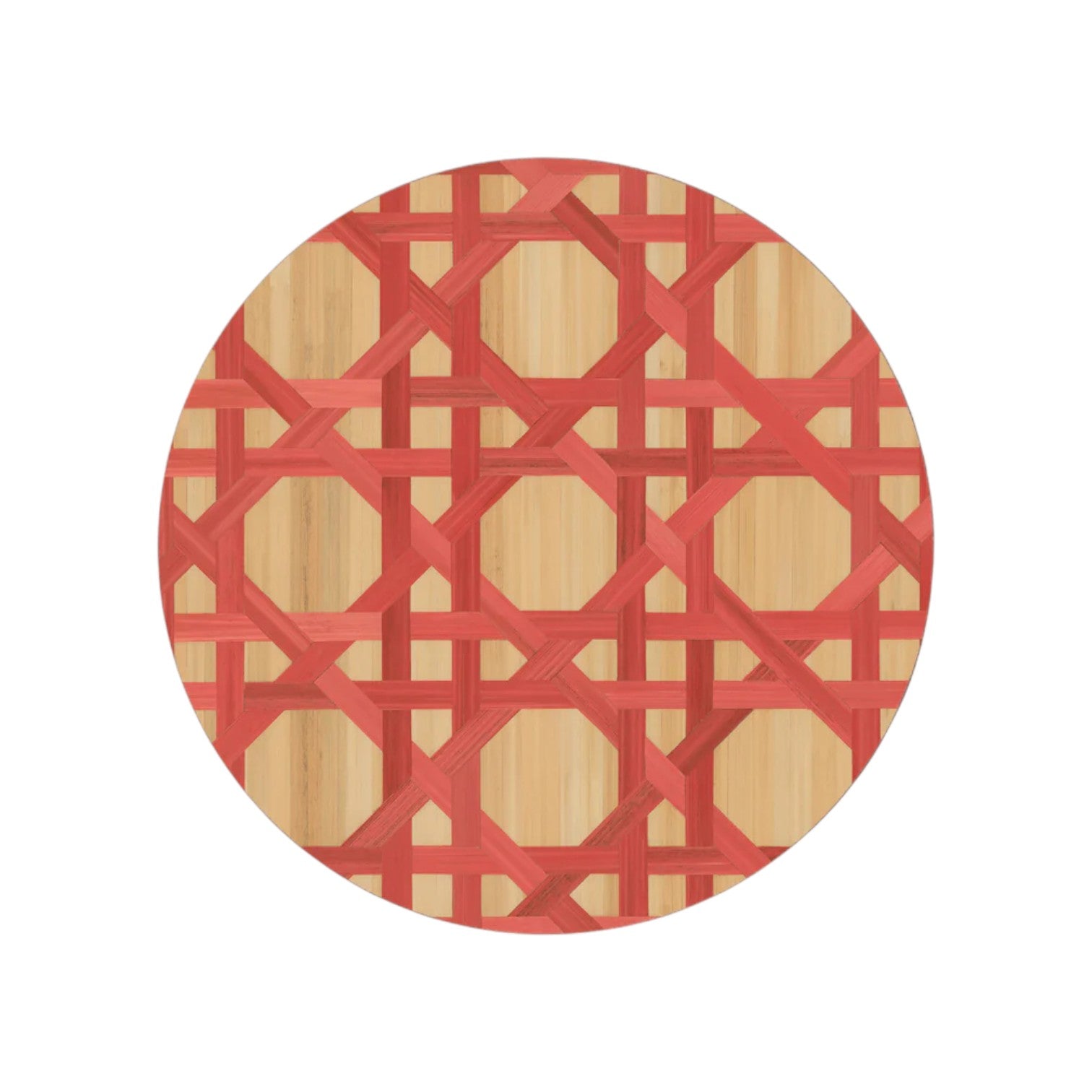 The Epoch Versailles Collection by HestiaLiving showcases a round wooden surface with a red geometric lattice, ideal for stylish al fresco dining or festive entertaining.