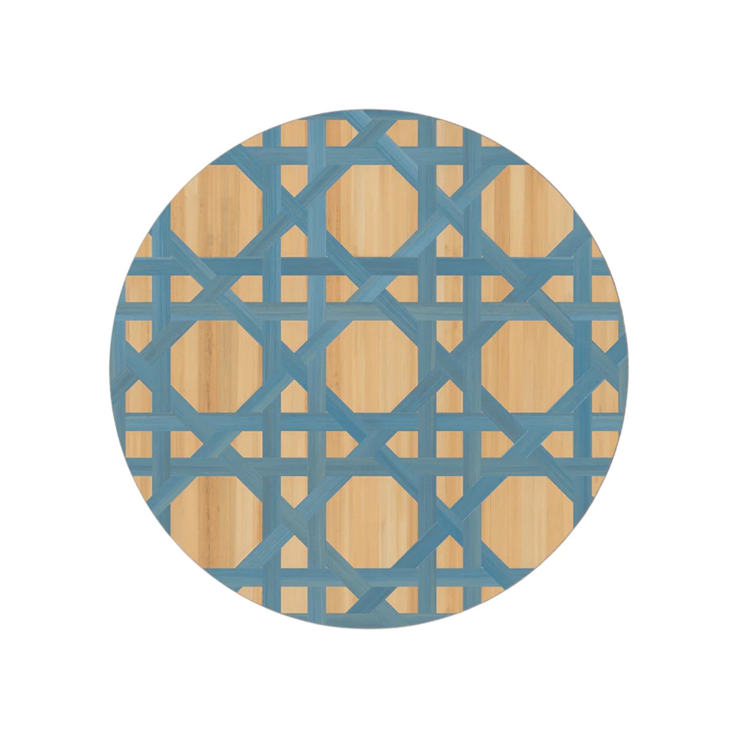 The Epoch Versailles Collection by HestiaLiving features a round bamboo surface with a blue geometric lattice pattern—ideal for al fresco dining or holiday entertaining.