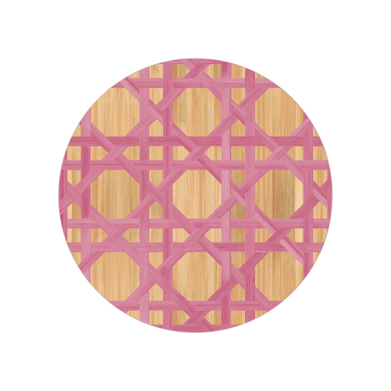 The Epoch Versailles Collection by HestiaLiving features a round bamboo mat with intersecting pink lines forming hexagons and squares on a natural background—perfect for outdoor dining or adding woven caning style to your holiday entertaining.
