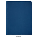 The 9" Leather Notebook by Graphic Image, featuring a closed, textured royal blue leather cover, rounded corners, and premium paper, is displayed on a white background.