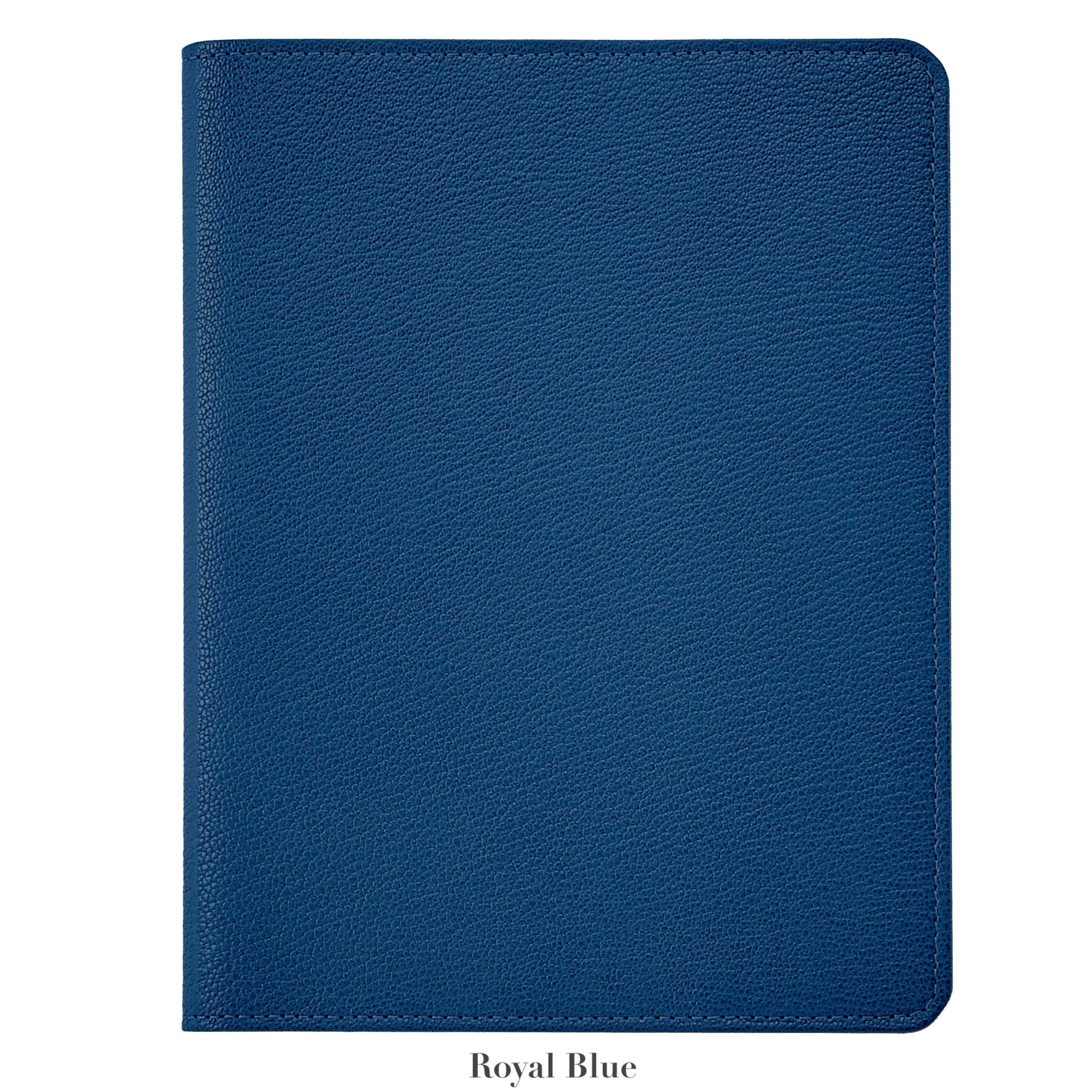 The 9" Leather Notebook by Graphic Image, featuring a closed, textured royal blue leather cover, rounded corners, and premium paper, is displayed on a white background.