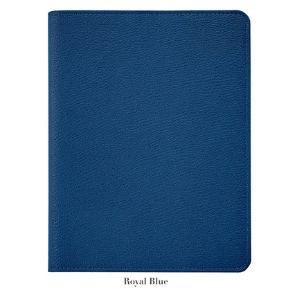 The 9" Leather Notebook by Graphic Image, featuring a closed, textured royal blue leather cover, rounded corners, and premium paper, is displayed on a white background.