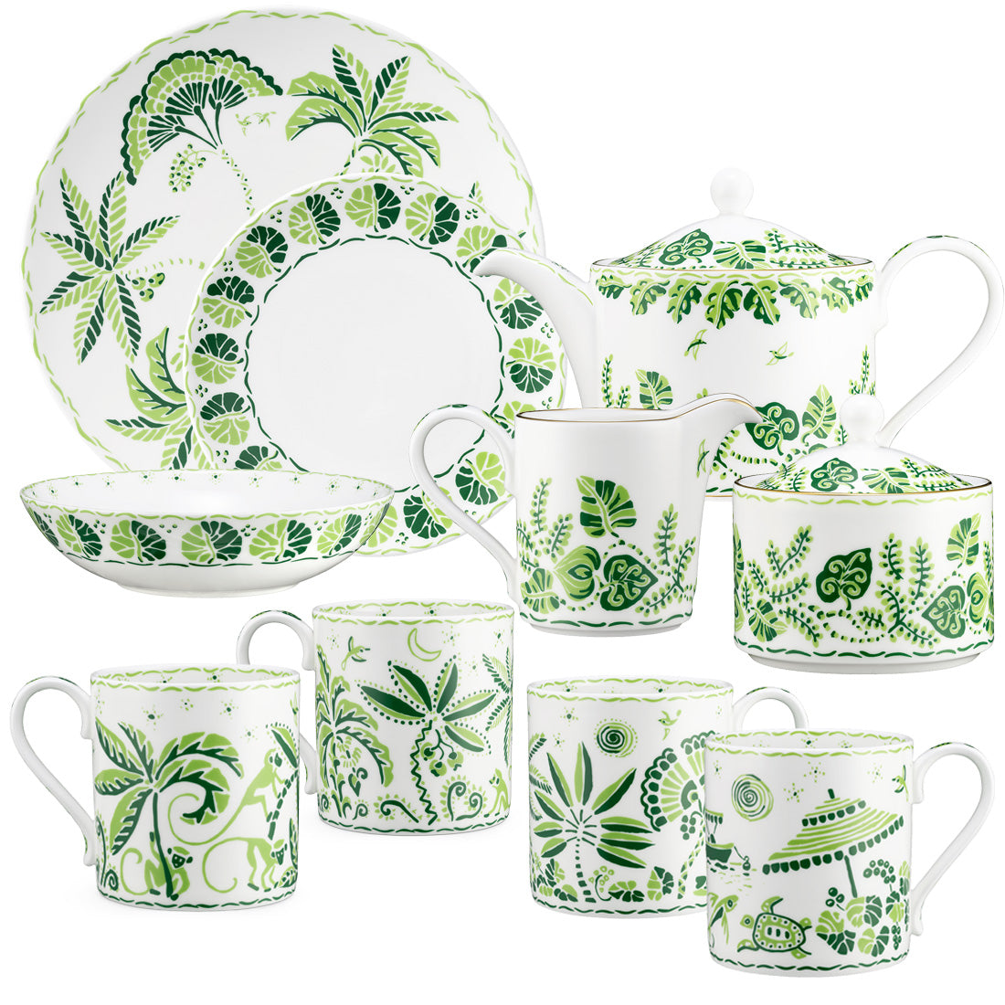 The Cobblers Cove Calypso Dinnerware Collection by Royal Crown Derby features a porcelain tea set with vibrant green botanical patterns, including four mugs, plates, a teapot, creamer, sugar bowl, and a shallow bowl.