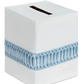 Paris Bath Accessories white square Italian linen tissue box cover with a horizontal blue embroidered trim.