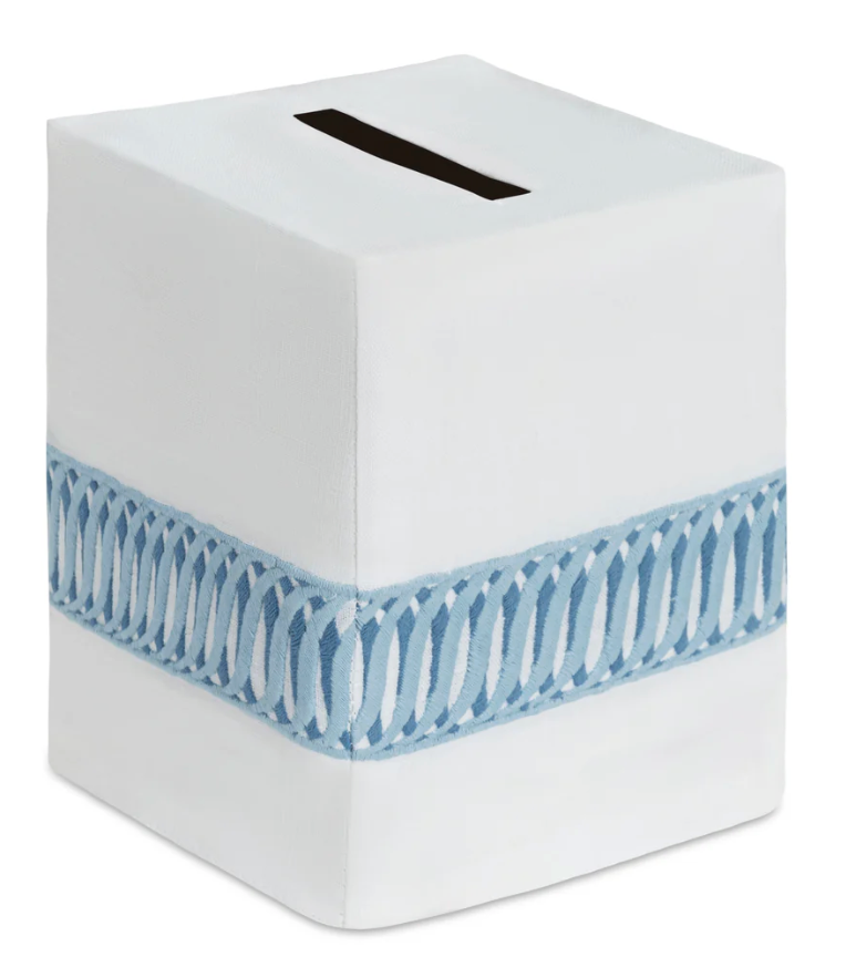 Paris Bath Accessories white square Italian linen tissue box cover with a horizontal blue embroidered trim.