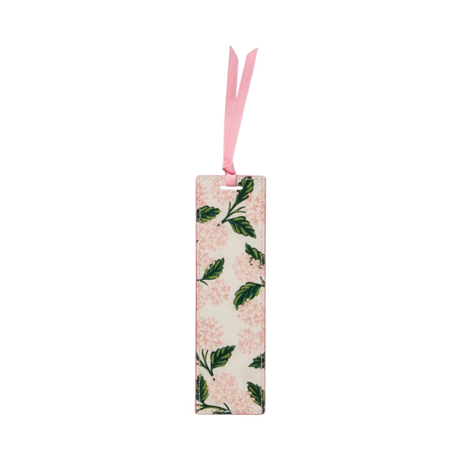 The Pink Hydrangea Collection bookmark by Rifle Paper Co. features a floral pattern of pink hydrangea blooms and green leaves on a white background with a pink ribbon—a charming addition to your paper goods.