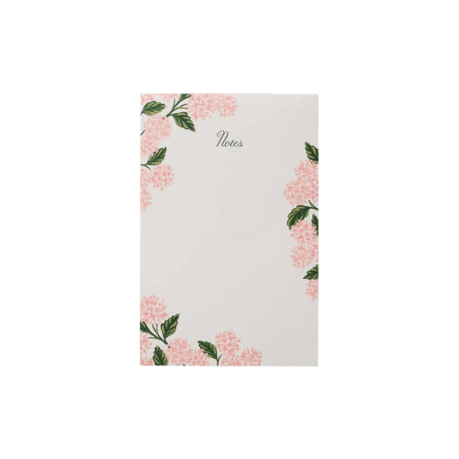 The Pink Hydrangea Collection notepad by Rifle Paper Co. features "Notes" at the top center, with pink hydrangea flowers and green leaves along the edges—a charming addition to your paper goods.