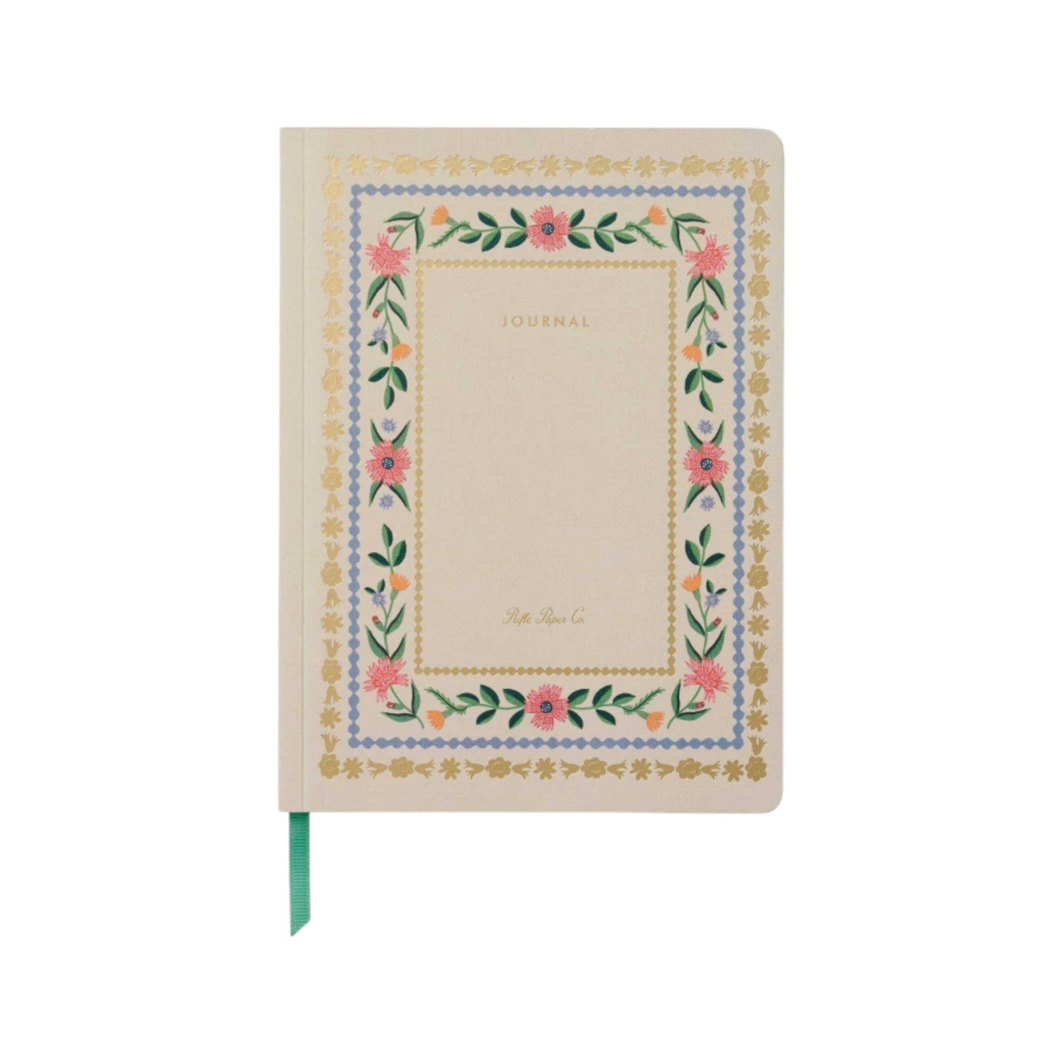 The Rifle Paper Co. Aster Softcover Journal features a cream cover with "JOURNAL," a floral and gold border, lined pages, and a green ribbon bookmark for organization.