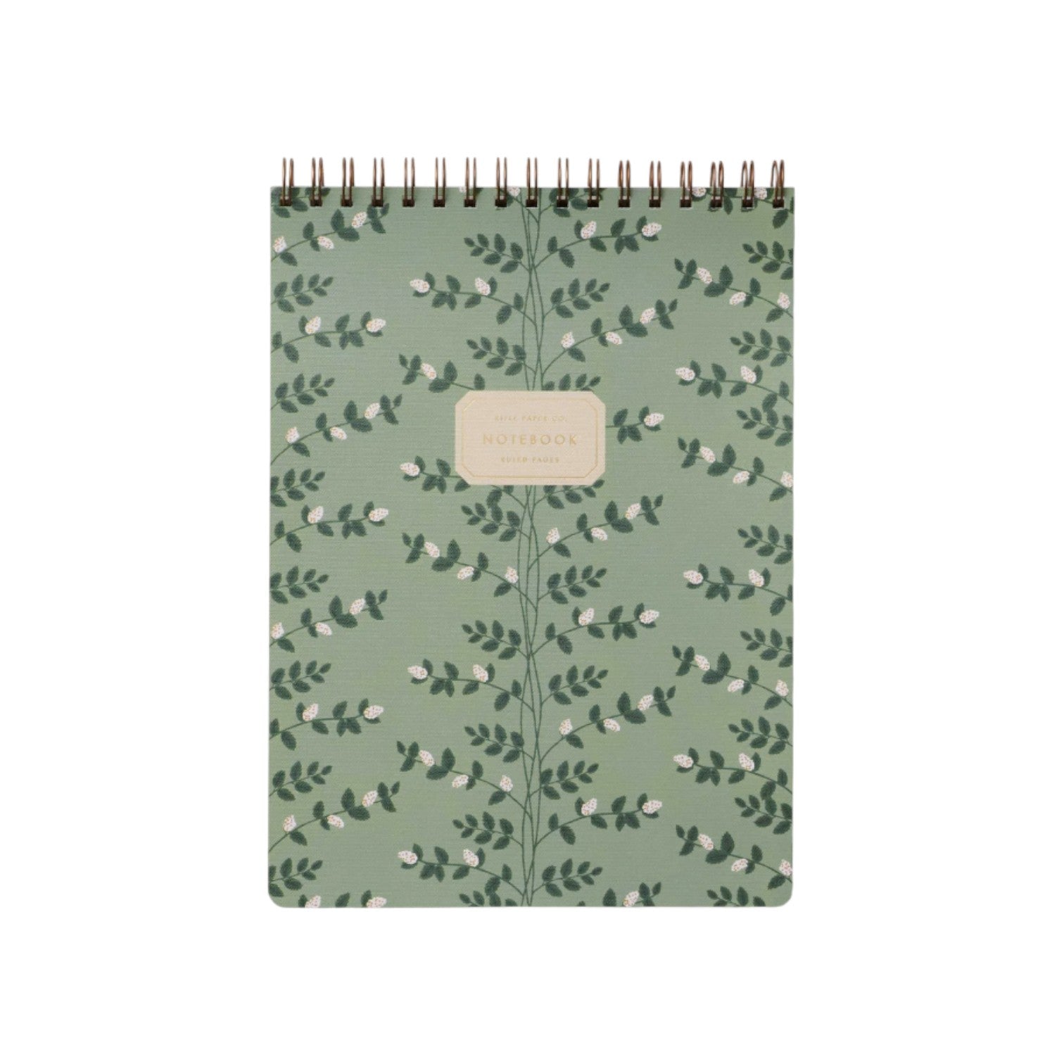 The Climbing Vines Large Top Spiral Notebook by Rifle Paper Co. features a green botanical leaf cover with a central beige label and ruled pages, perfect for keeping your notes organized.