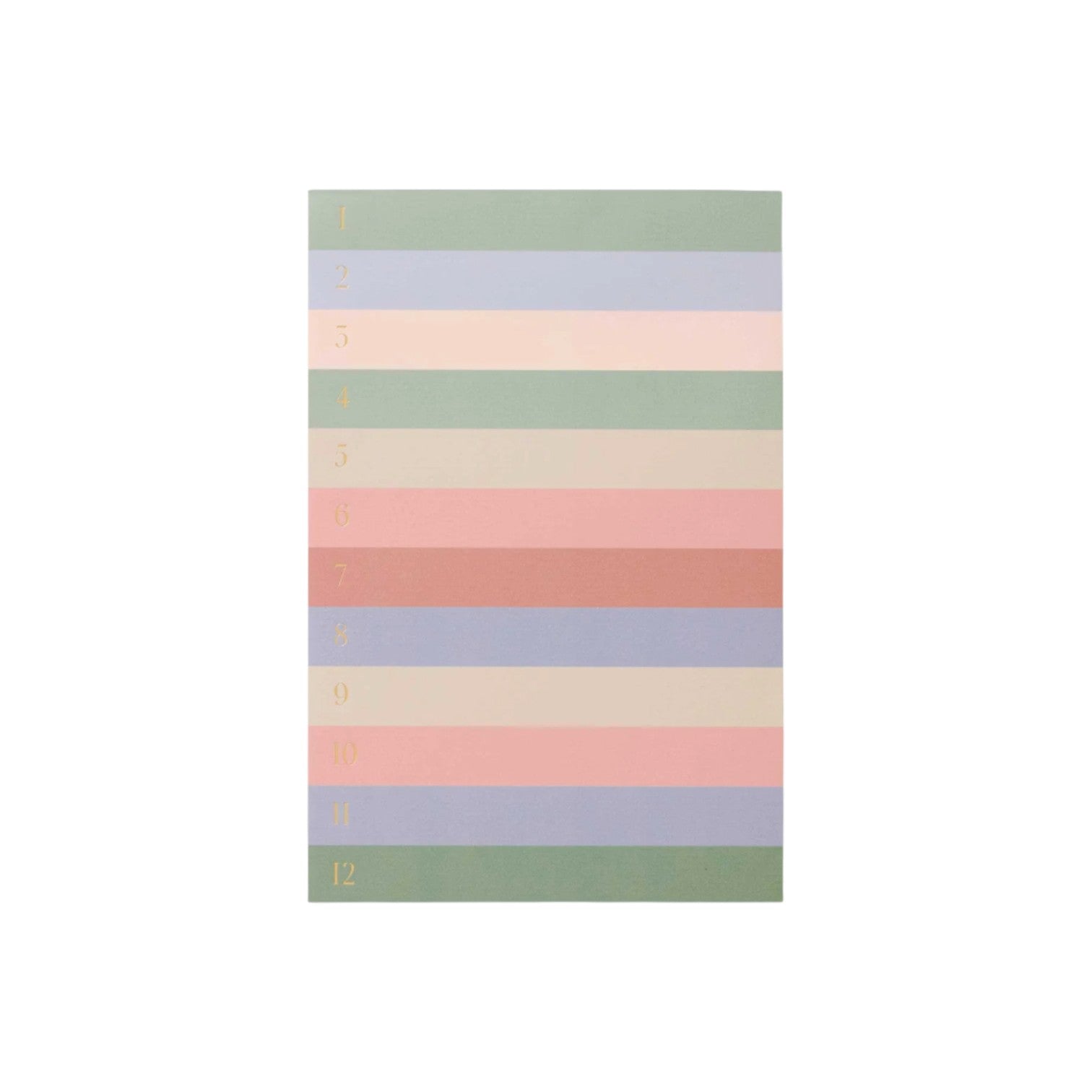 The Rifle Paper Co. Muted Numbered Color Block Memo Notepad features twelve pastel stripes in green, pink, purple, and peach—perfect for organizing daily to-dos on easy-to-tear sheets.