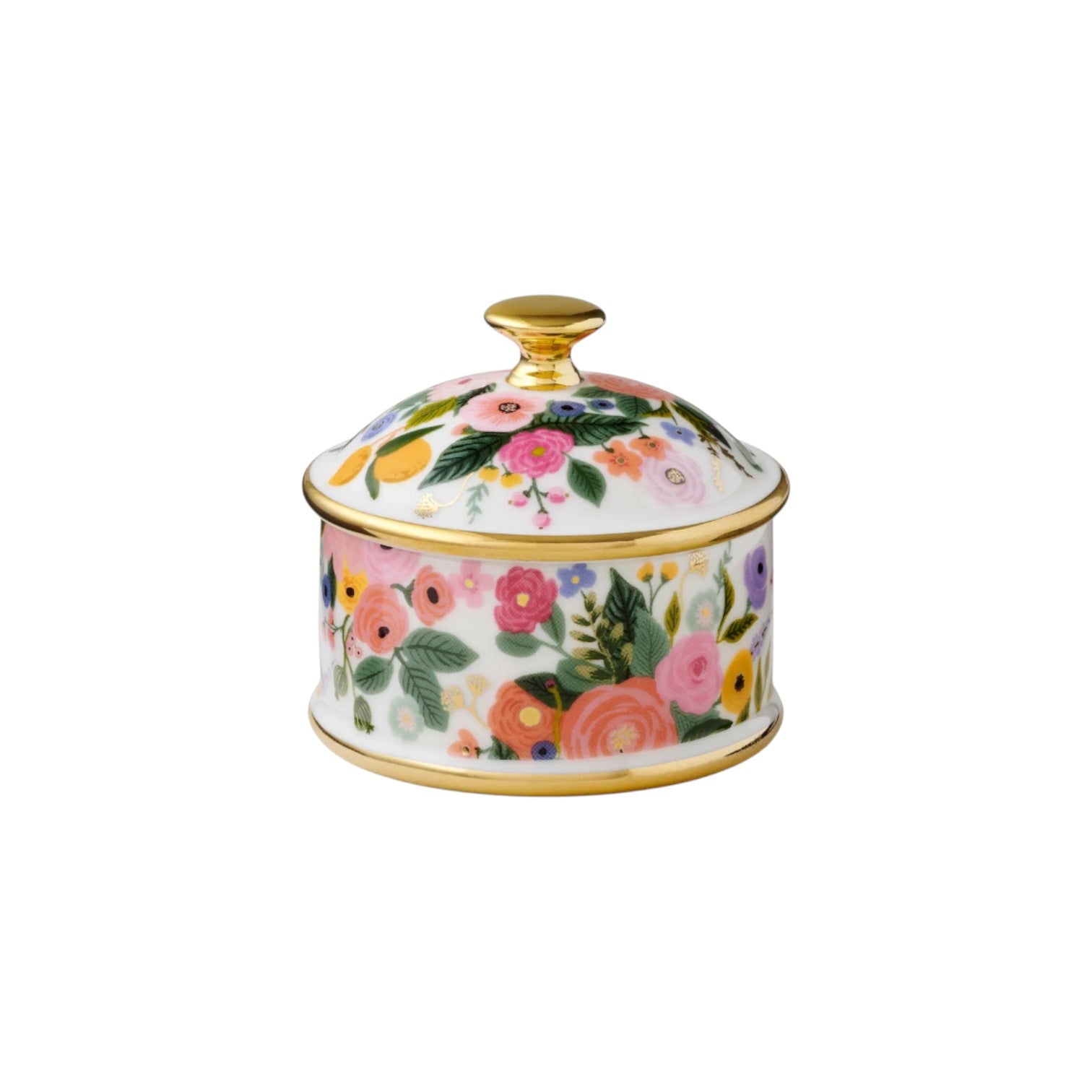Add elegance to your desk with this small round porcelain container from Rifle Paper Co.'s Garden Party Collection, featuring a lid and colorful floral designs with gold trim—perfect for a coordinated workspace.