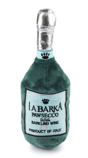 The LaBarka Pawsecco Dog Toy by Haute Diggity Dog is a plush squeaky bottle toy shaped like wine, featuring a playful "LaBarka Pawsecco D.O.G Barkling Wine Pawduct of Italy" label.
