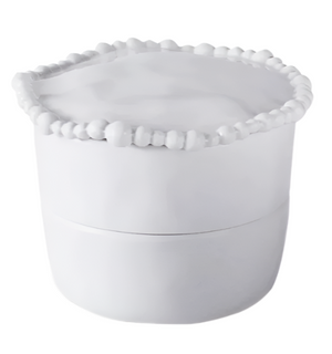 The Beatriz Ball Vida Alegria Melamine Stackable Salt and Pepper Cellar with Lid features a white cylindrical design and a rounded textured edge, combining elegance and functionality.