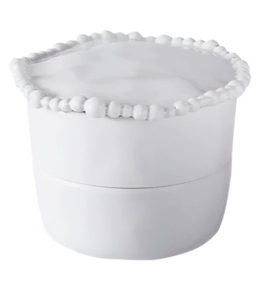 A white, ceramic Beatriz Ball Vida Alegria Melamine Stackable Salt and Pepper Cellar with Lid with a decorative, scalloped edge isolated on a white background.