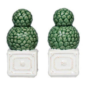 The Juliska Berry & Thread Topiary Salt and Pepper Set features hand-painted ceramic shakers, styled as green shrubs in white planters, bringing a charming Juliska touch to your spring table setting.