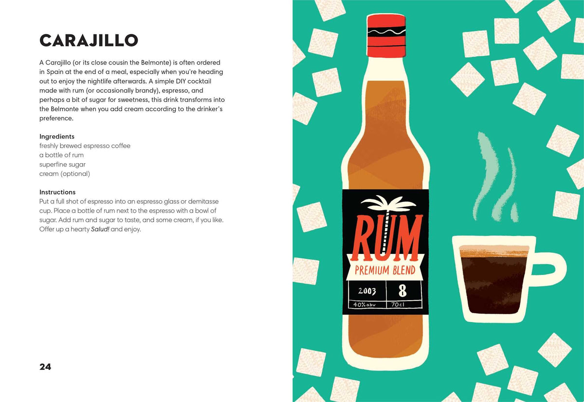 A bottle of Rum Made Me Do It by Simon & Schuster, a cup of espresso, and sugar cubes are arranged on a teal background, illustrating the ingredients for making a Carajillo cocktail—an exciting addition to the world of rum cocktails and modern mixology.