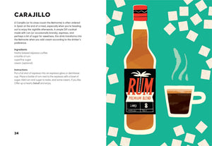 A bottle of Rum Made Me Do It by Simon & Schuster, a cup of espresso, and sugar cubes are arranged on a teal background, illustrating the ingredients for making a Carajillo cocktail—an exciting addition to the world of rum cocktails and modern mixology.