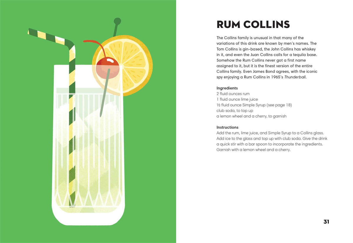 Showcasing an illustration of a Rum Collins cocktail in a tall glass filled with ice, a striped straw, lemon wedge, and cherry against a vibrant green background, this design is inspired by “Rum Made Me Do It” from Simon & Schuster. Ideal for rum cocktail enthusiasts and creative mixologists, the recipe ingredients and instructions are displayed on the right.