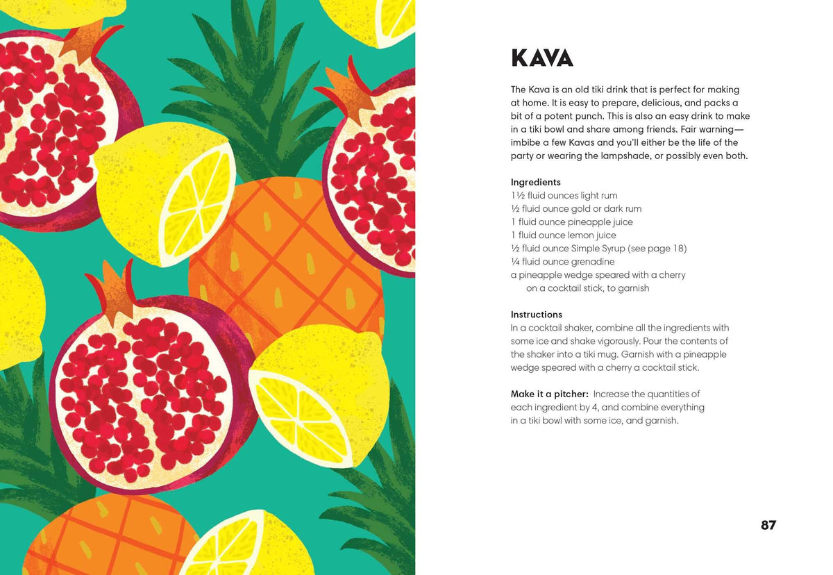 Featuring vibrant illustrations of pineapples, pomegranates, and lemons on the left, and a kava cocktail recipe—with ingredients and step-by-step instructions—printed on the right against a white backdrop, Rum Made Me Do It by Simon & Schuster is perfect for rum cocktail enthusiasts and creative mixologists alike.