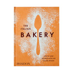 An orange book titled "The Italian Bakery" by Phaidon features a white powder spoon silhouette and offers step-by-step patisserie recipes and classic Italian desserts from the Silver Spoon team.