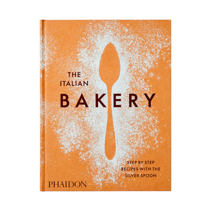 An orange book titled "The Italian Bakery" by Phaidon features a white powder spoon silhouette and offers step-by-step patisserie recipes and classic Italian desserts from the Silver Spoon team.