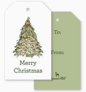 Merry Main Street Gift Tags: one white with a watercolor Christmas tree and “Merry Christmas,” and one sage green with “To:” and “From:” lines for gift wrapping.