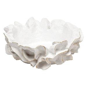 The Made Goods Coco Bowl Gold features a white, textured ceramic design with irregular, ruffled edges, a rough finish, and an artfully reproduced coral-inspired look.