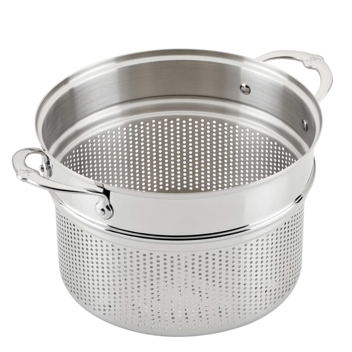 The Hestan Provisions Stainless Steel Pasta Insert, 8qt, features ergonomic handles and is perfect for draining or steaming food.