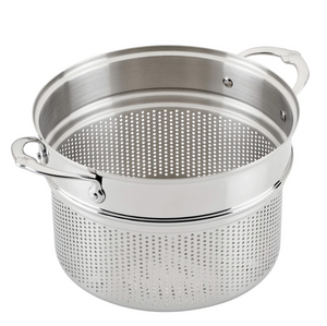 The Hestan Provisions Stainless Steel Pasta Insert, 8qt, features ergonomic handles and is perfect for draining or steaming food.