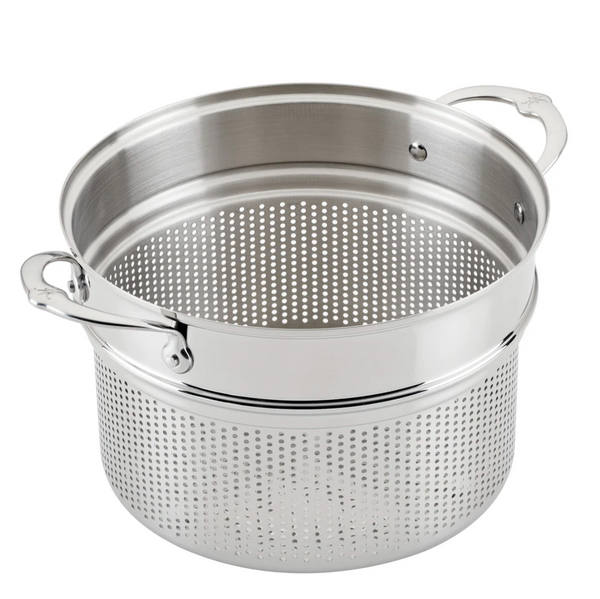 The Hestan Provisions 8qt stainless steel colander with handles sits inside a matching pot and includes a convenient pasta insert.