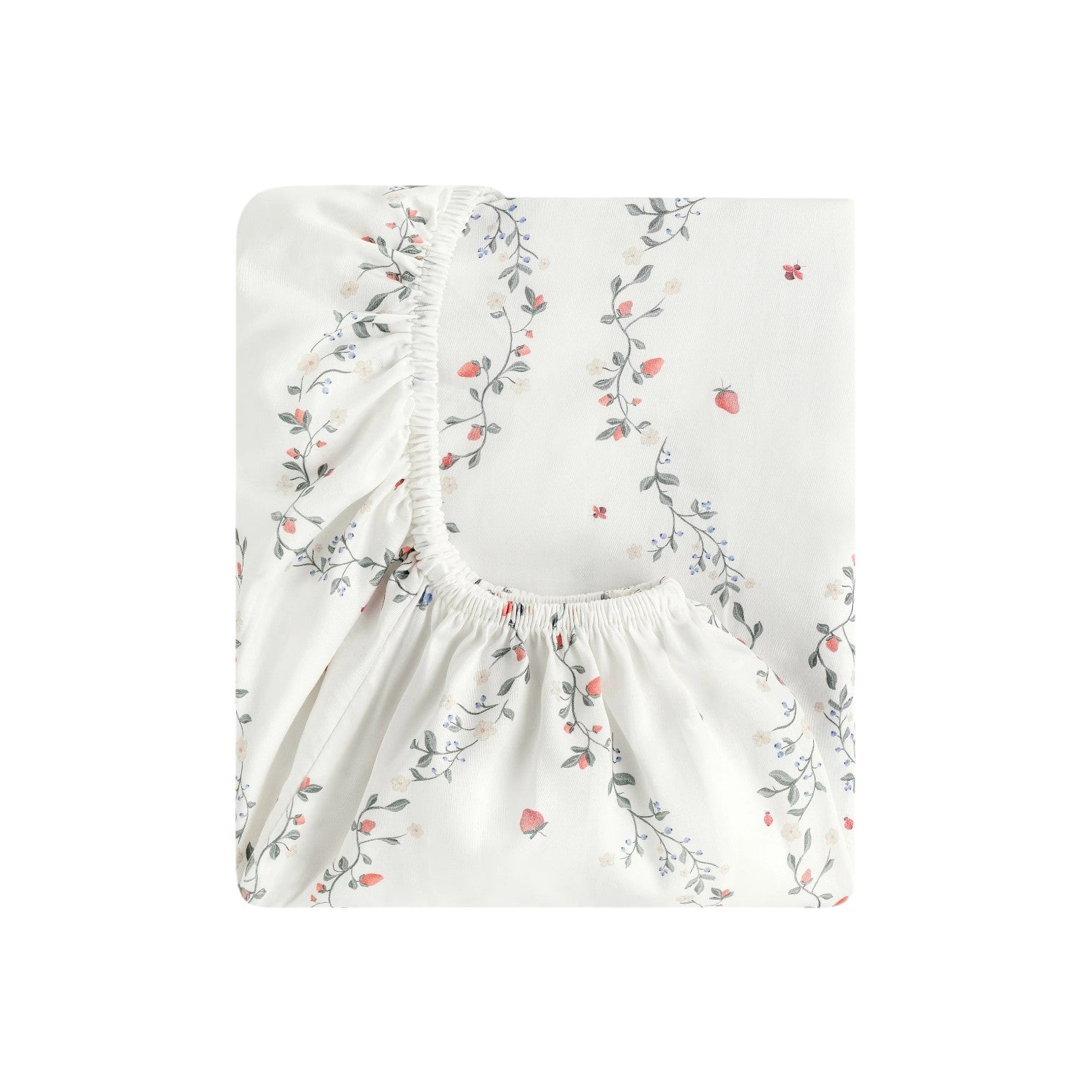 The Gooselings Botanical Berries Bedding Collection features a folded white fitted sheet with a small floral and berry pattern in pink, green, and blue—ideal for pairing with kids' bedding to inspire sweet bedtime dreams.
