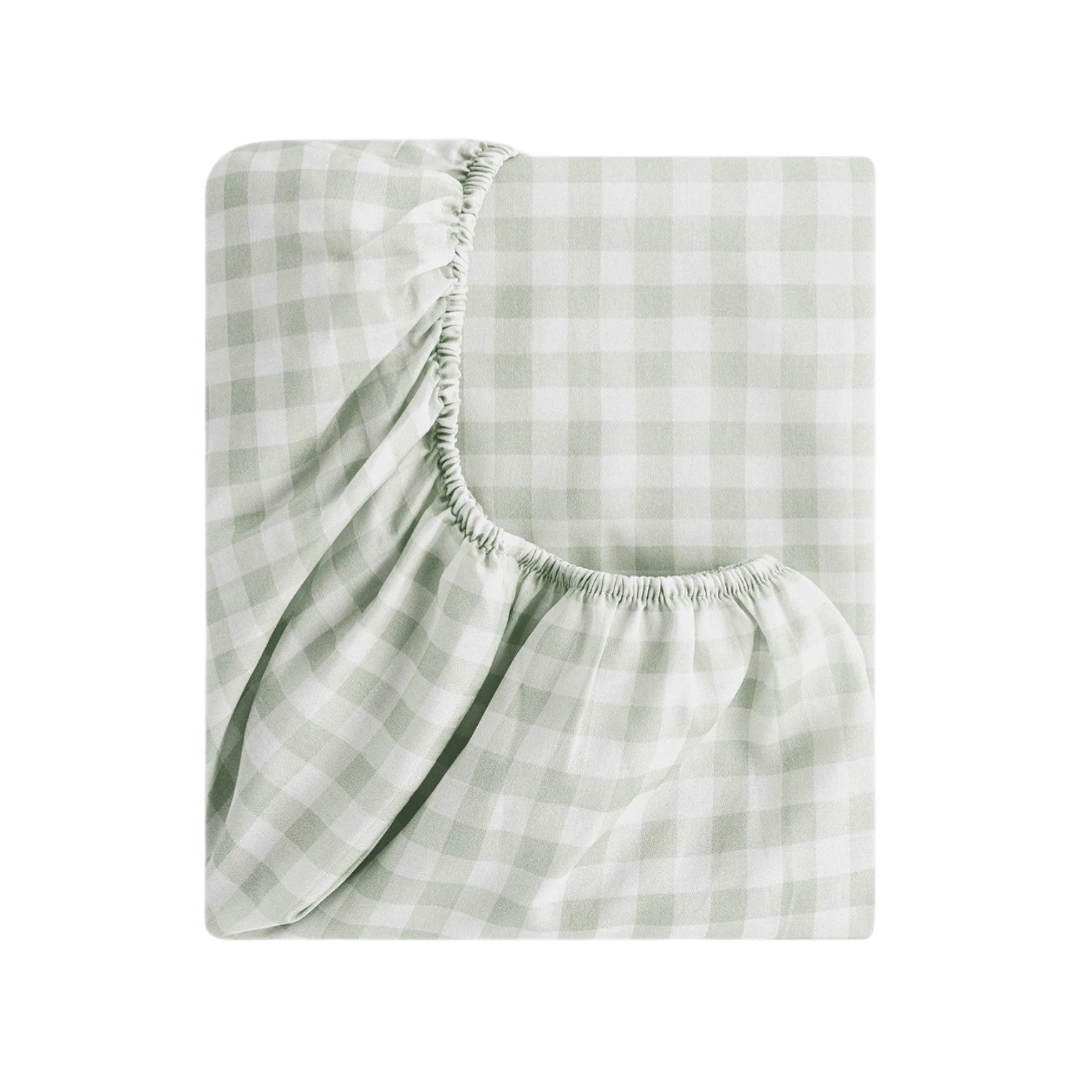 A fitted sheet from the Green Picnic Gingham Bedding Collection by Gooselings, featuring a light green and white check pattern with gathered elastic corners—perfect for children’s bedding.