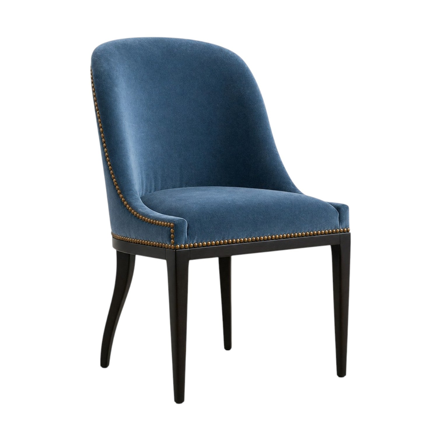 The Maurice Armless Chair by Sherrill/Mr & Mrs Howard features blue upholstery, a curved backrest, dark wooden legs, and brass nailhead trim—bringing contemporary style to any space.