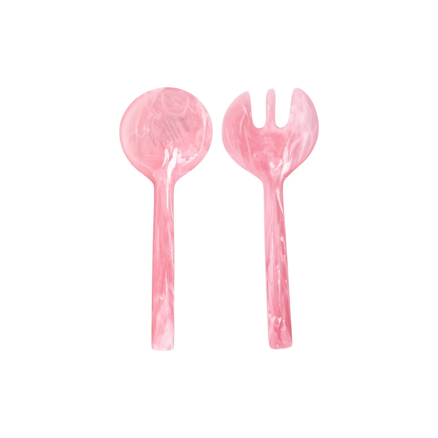 Two pieces from the Pink Swirl Collection by Nashi Home—a serving spoon and fork—are placed side by side on a white background, ideal for entertaining or adding a stylish touch to your home.