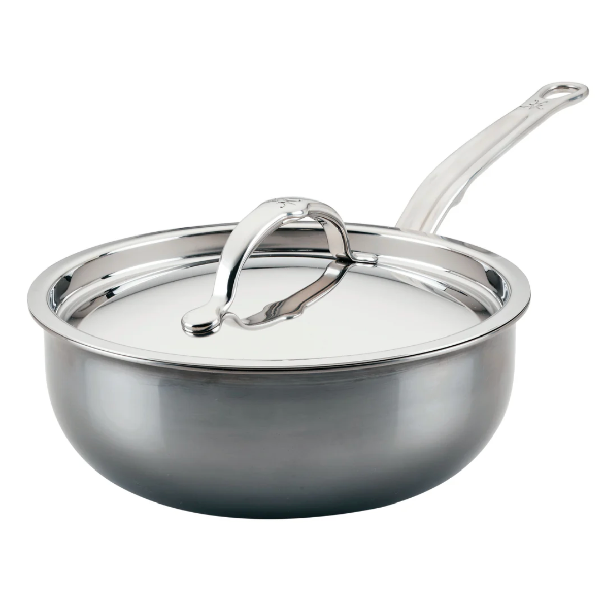The Hestan NanoBond Titanium Stainless Steel Saucier Pan, 2qt, with matching lid and long handle, features ProCore Aluminum for superior heat performance and is shown against a plain white background.