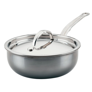 The Hestan NanoBond Titanium Stainless Steel Saucier Pan, 2qt, with matching lid and long handle, features ProCore Aluminum for superior heat performance and is shown against a plain white background.