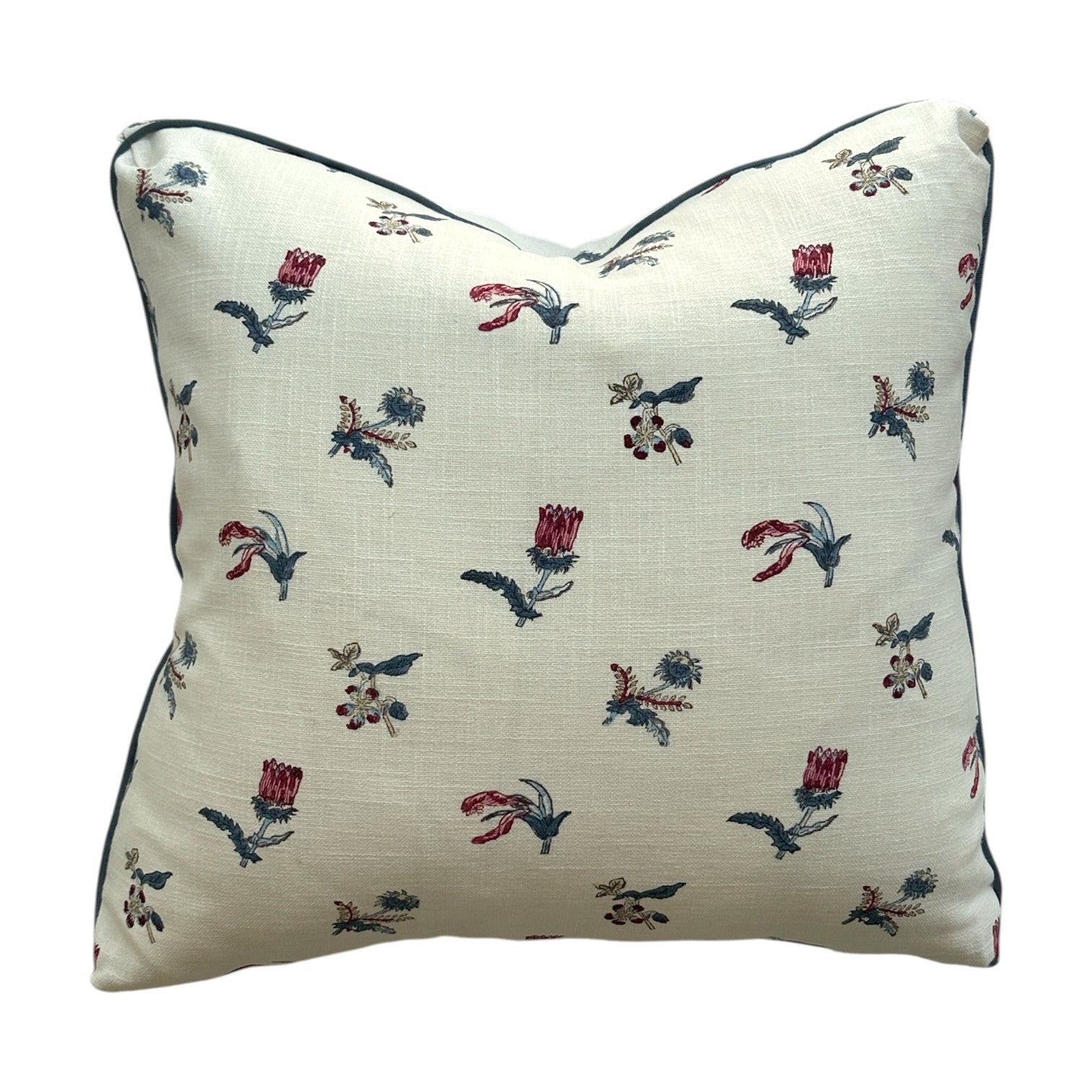 The Flora Calico Pillow by Hive Custom Pillows is a 22x22 square pillow featuring a cream background with small red and blue floral motifs—ideal as a handmade accent for any space.