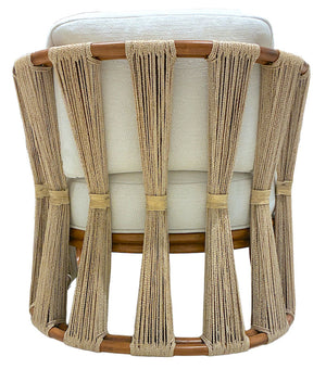 The Strings Attached Lounge Chair by PALECEK features a white upholstered seat and vertical beige rope backrest, elegantly set on a natural-finish wooden frame. Available at Wits End.
