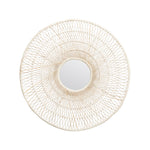 The Saffron Mirror by Made Goods features a woven, lattice-style rattan frame inspired by '70s design—ideal as a decorative wall accent or peacock chair mirror, pictured here against a white background.