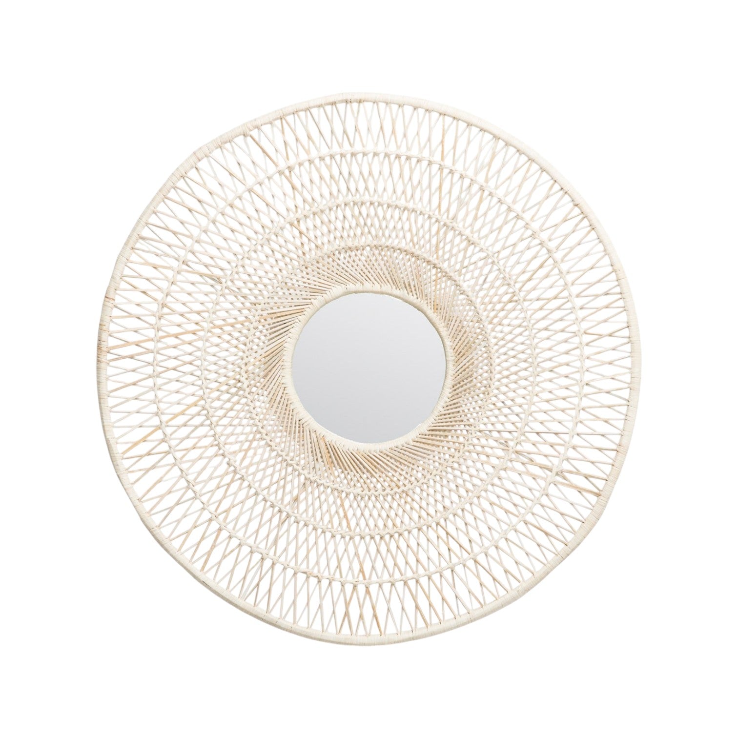 The Saffron Mirror by Made Goods features a woven, lattice-style rattan frame inspired by '70s design—ideal as a decorative wall accent or peacock chair mirror, pictured here against a white background.