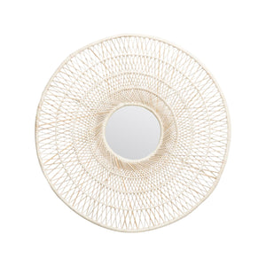 The Saffron Mirror by Made Goods features a woven, lattice-style rattan frame inspired by '70s design—ideal as a decorative wall accent or peacock chair mirror, pictured here against a white background.
