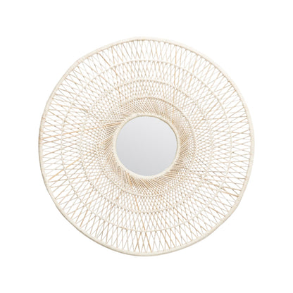 The Saffron Mirror by Made Goods features a woven, lattice-style rattan frame inspired by '70s design—ideal as a decorative wall accent or peacock chair mirror, pictured here against a white background.