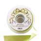 A spool of light green satin ribbon labeled “Fancy Ribbon” by Hester & Cook, perfect for gift wrapping, with an illustration of scissors and a bow on the packaging.