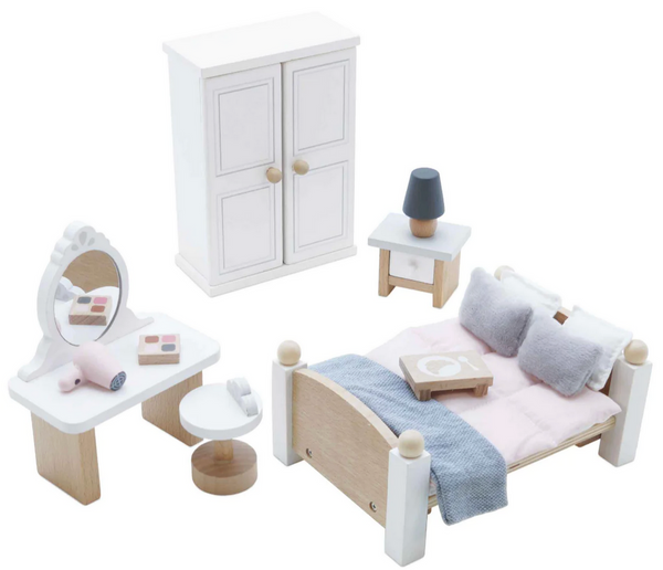 The Daisylane Bedroom furniture set features a wooden bed, dresser and mirror, perfect for creating a charming miniature space.