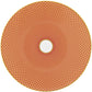The Tresor Orange Dinnerware Collection by Raynaud features a round porcelain plate hand painted with an orange and yellow geometric pattern radiating from a white center.