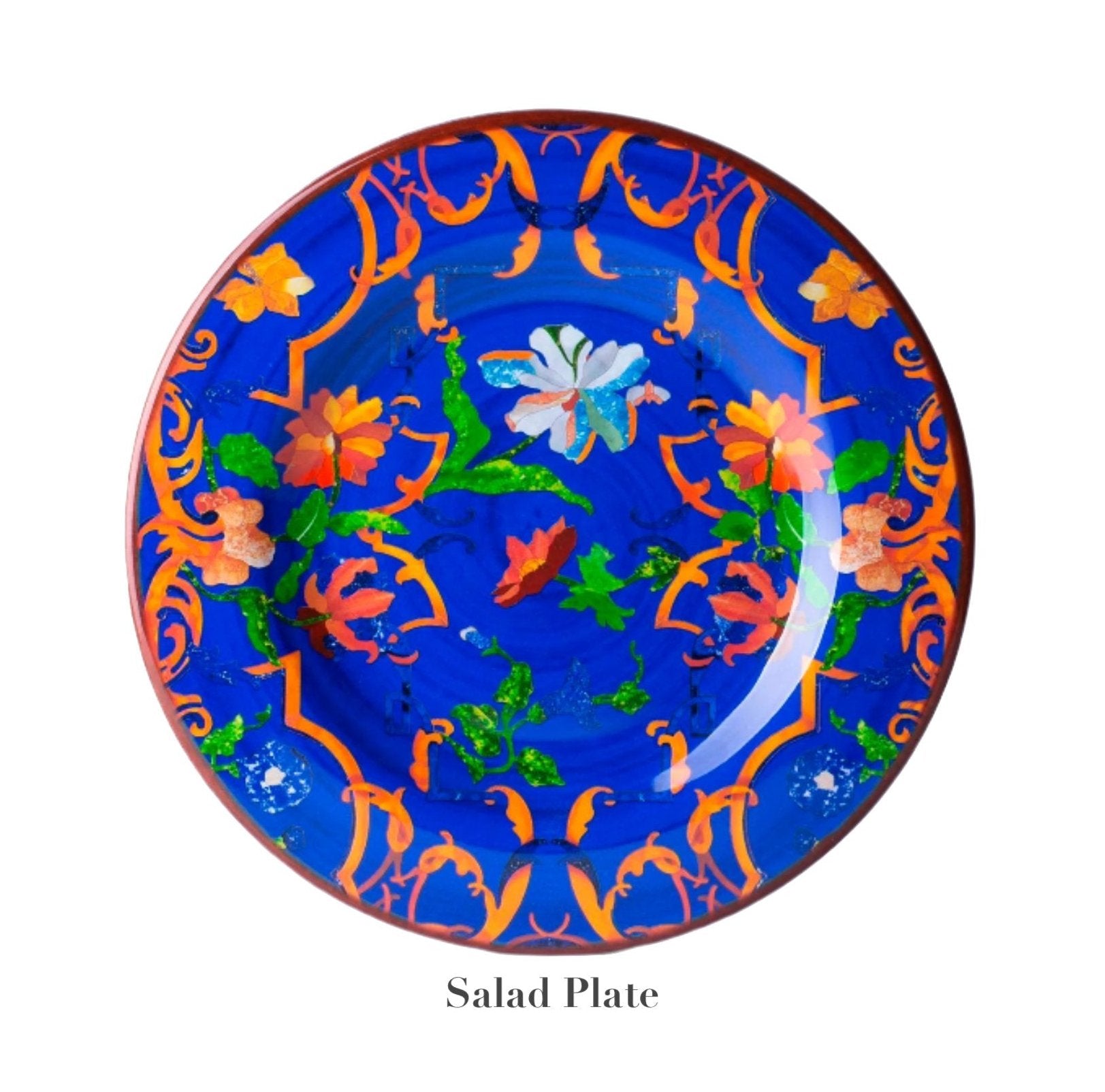 The salad plate from the Mario Luca Giusti Pancale Blue Collection features a blue base with orange and green floral patterns centered by a white flower. Ideal for outdoor entertaining, this durable melamine dinnerware blends style and function.