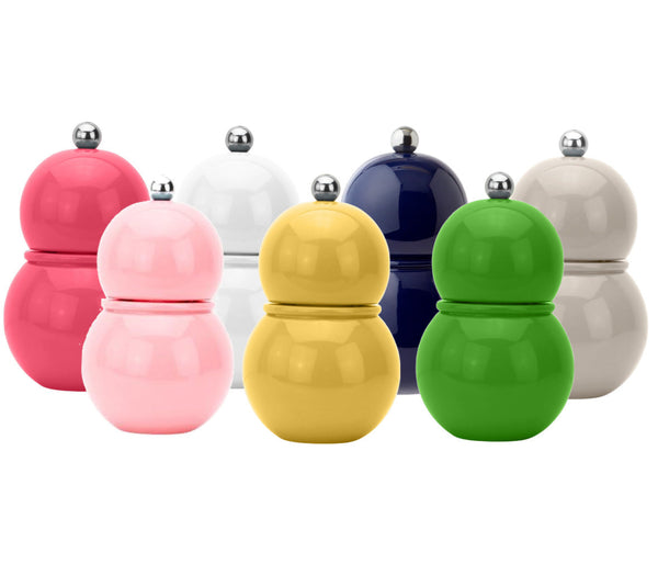 The Addison Ross Chubbie Salt and Pepper Mill Collection features seven rounded mills in vibrant colors: pink, red, yellow, green, blue, white, and beige. Each has a high gloss lacquer finish and durable ceramic mechanism, elegantly displayed against a pristine white background.