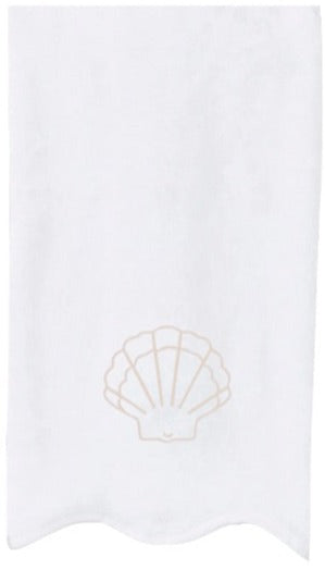 The Sand Shell Scalloped Hand Towel by Weezie Towels is a white, plush, absorbent towel featuring simple seashell embroidery near the bottom center.