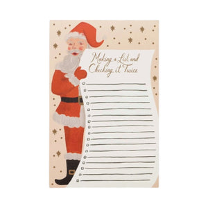 Santa’s List Notepad featuring an illustration of Santa Claus holding a scroll that reads “Making a List and Checking it Twice,” with a checklist below.