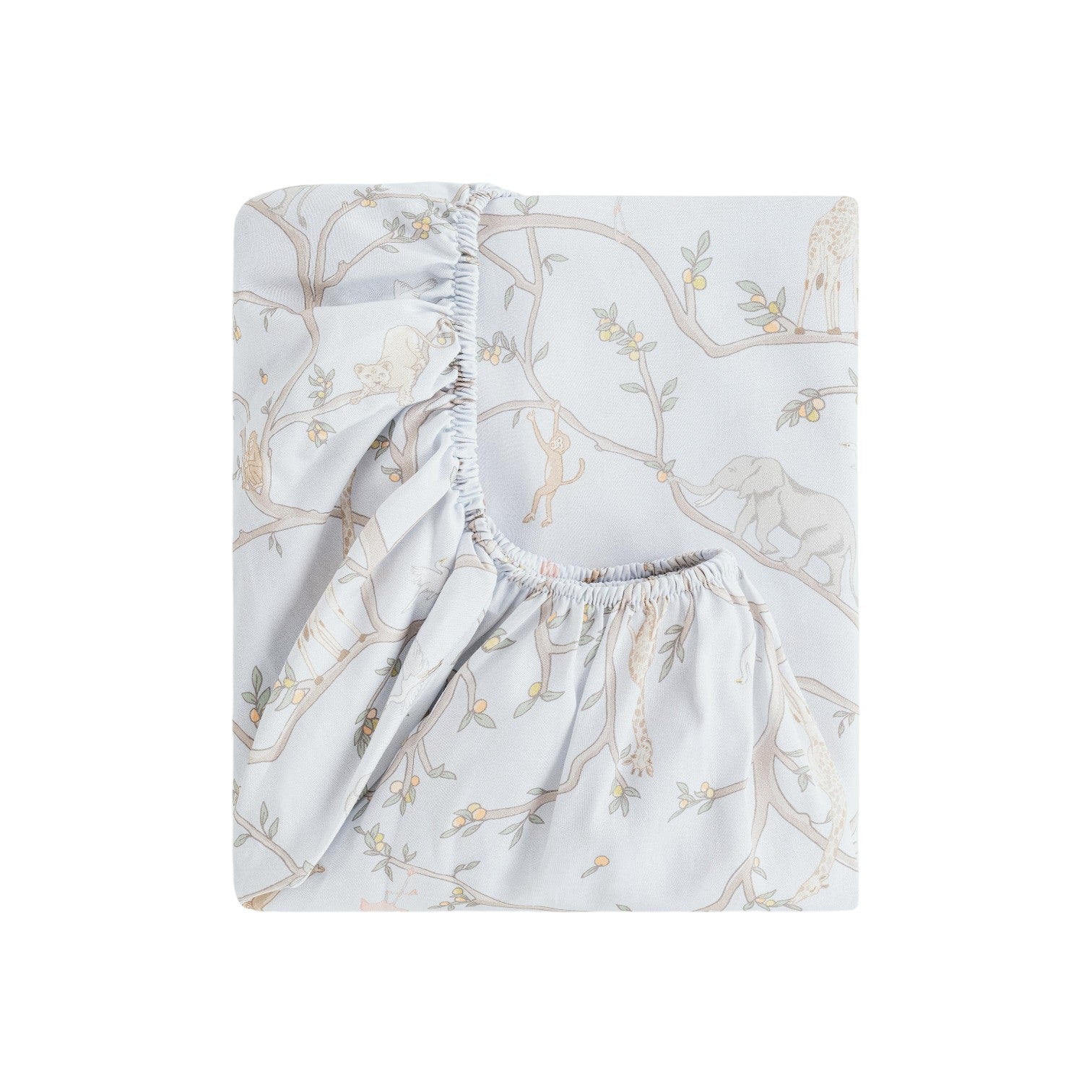 The Gooselings Animal Parade Blue Bedding is a folded fitted sheet with safari animals and tree branches in neutral tones on a light background, made from breathable, pure materials and OEKO-TEX certified for safe and comfortable baby bedding.